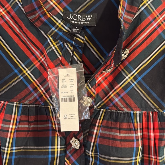 NWT JCrew Holiday top with jewel buttons in Stewart tartan Organic cotton Sz S - Picture 3 of 9